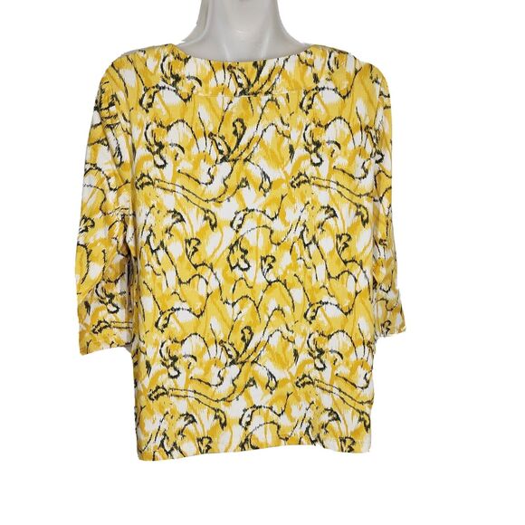 Breckenridge Petite Womens Top Size PM Yellow Black Embellished Neck 3/4 Sleeve - Picture 2 of 10